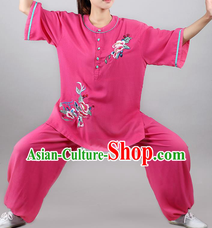 China Traditional Martial Arts Embroidered Rosy Flax Uniforms Tai Chi Kung Fu Costumes