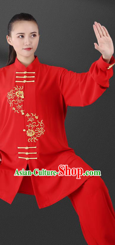 China Traditional Kung Fu Red Uniforms Tai Chi Competition Performance Costumes