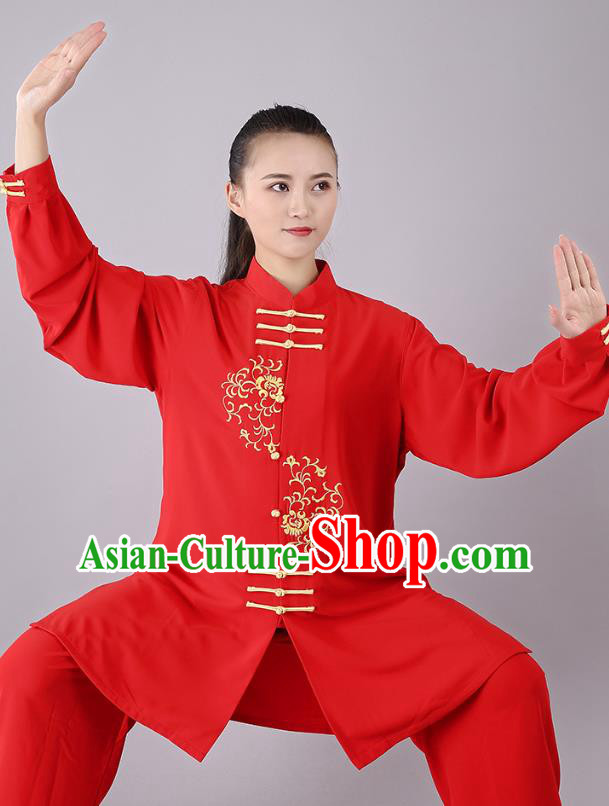 China Traditional Kung Fu Red Uniforms Tai Chi Competition Performance Costumes