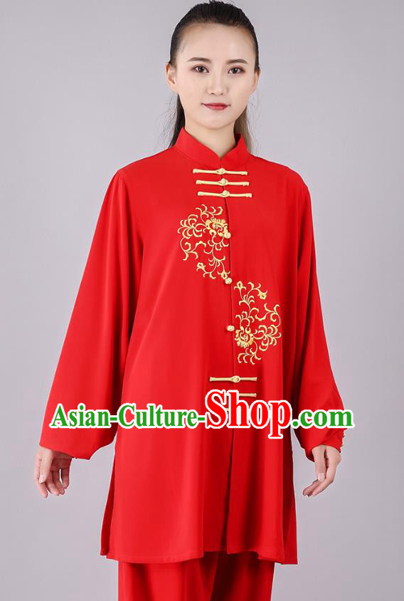 China Traditional Kung Fu Red Uniforms Tai Chi Competition Performance Costumes
