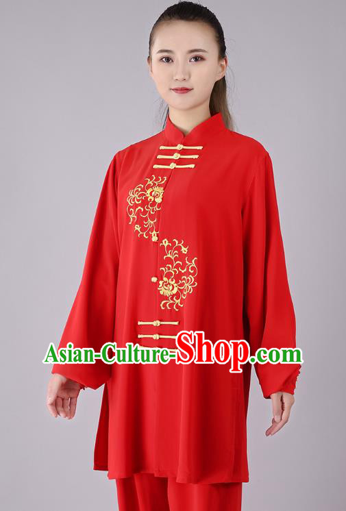 China Traditional Kung Fu Red Uniforms Tai Chi Competition Performance Costumes