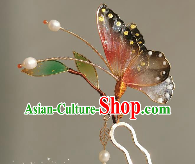 China Traditional Cheongsam Hairpin Handmade Ancient Princess Red Butterfly Hair Stick
