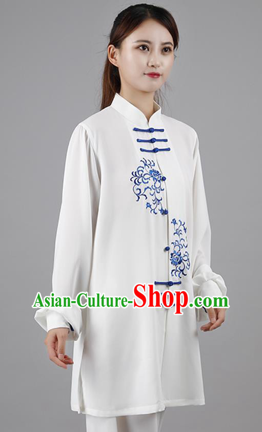 China Traditional Kung Fu Embroidered White Flax Uniforms Tai Chi Competition Costumes
