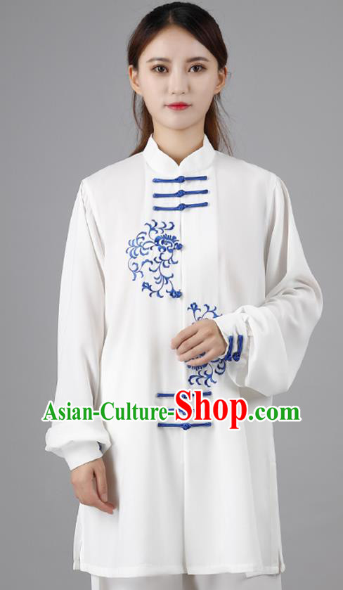 China Traditional Kung Fu Embroidered White Flax Uniforms Tai Chi Competition Costumes