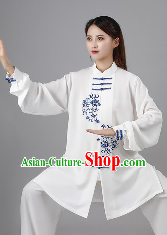 China Traditional Kung Fu Embroidered White Flax Uniforms Tai Chi Competition Costumes