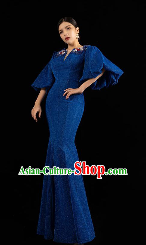 Top Grade Stage Show Clothing Annual Meeting Embroidery Beads Full Dress Catwalks Royalblue Fishtail Dress