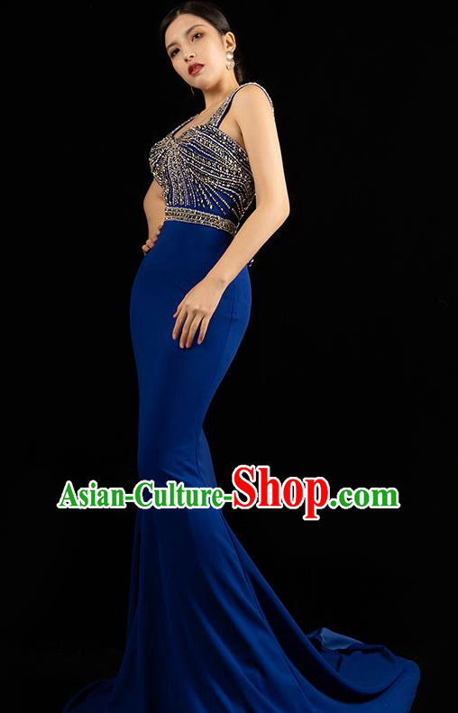 Top Grade Stage Show Embroidery Beads Royalblue Full Dress Catwalks Trailing Dress Annual Meeting Clothing