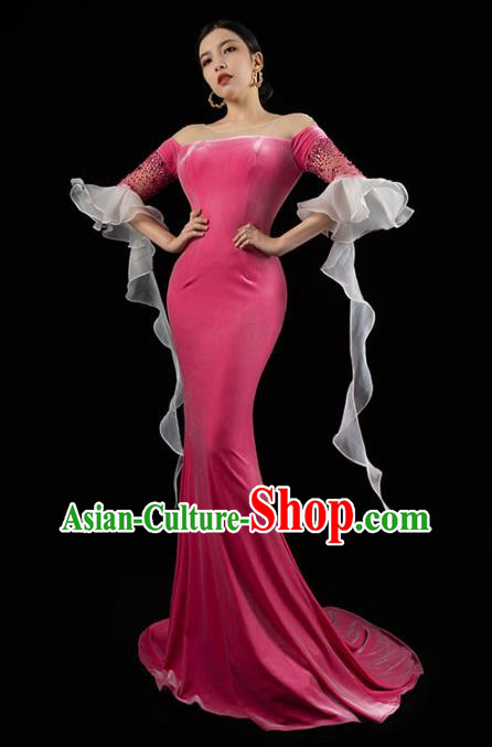 Top Grade Annual Meeting Clothing Stage Show Wedding Full Dress Catwalks Compere Rosy Velvet Trailing Dress
