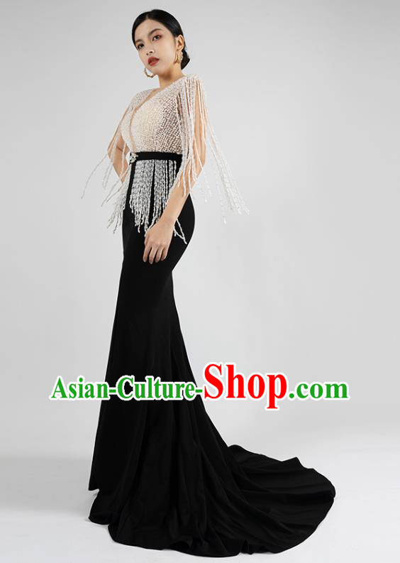 Top Grade Catwalks Compere Black Trailing Dress Stage Show Beads Tassel Full Dress Annual Meeting Clothing
