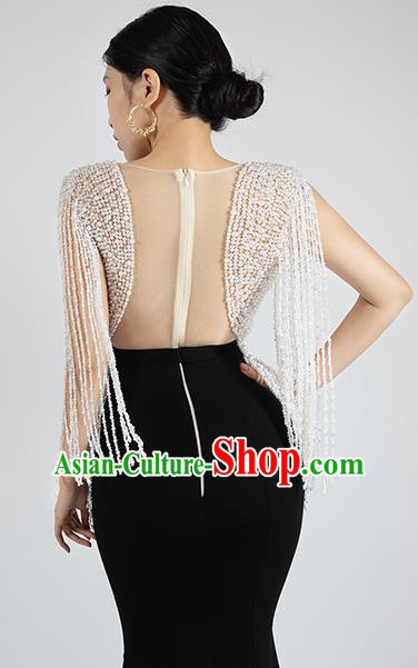 Top Grade Catwalks Compere Black Trailing Dress Stage Show Beads Tassel Full Dress Annual Meeting Clothing