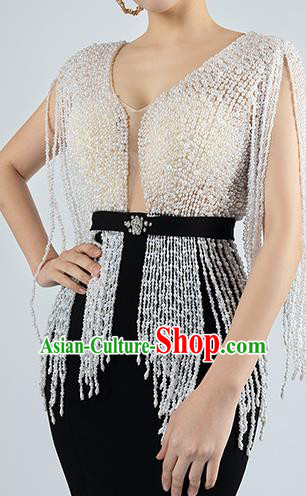 Top Grade Catwalks Compere Black Trailing Dress Stage Show Beads Tassel Full Dress Annual Meeting Clothing