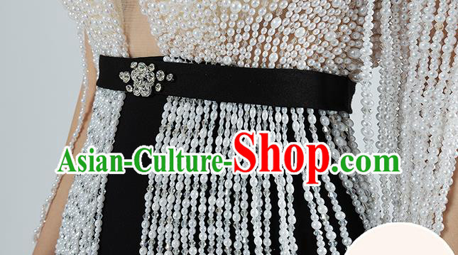 Top Grade Catwalks Compere Black Trailing Dress Stage Show Beads Tassel Full Dress Annual Meeting Clothing