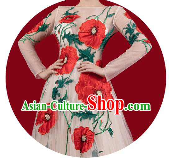 Top Grade Annual Meeting Clothing Catwalks Compere Embroidered Dress Stage Show Champagne Veil Full Dress