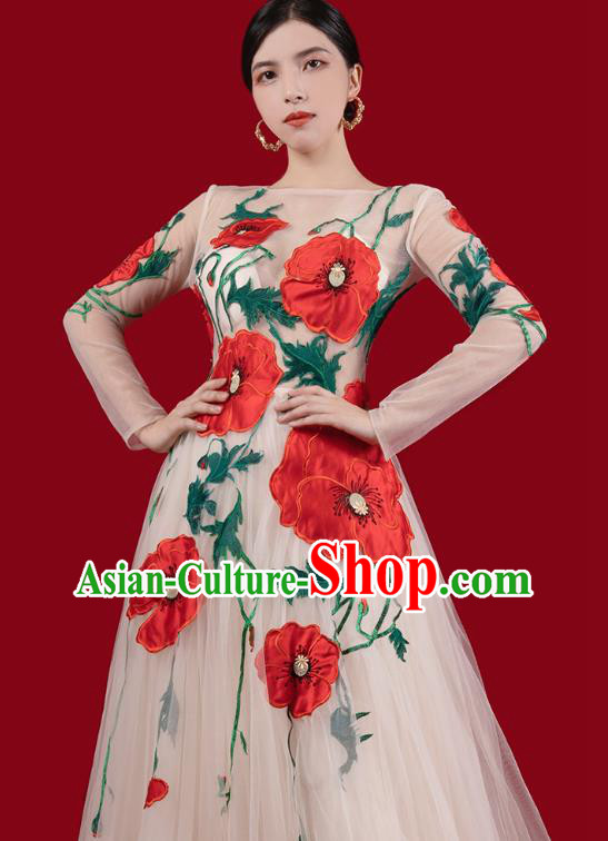 Top Grade Annual Meeting Clothing Catwalks Compere Embroidered Dress Stage Show Champagne Veil Full Dress