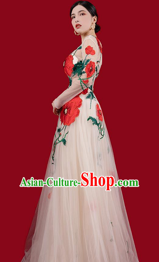 Top Grade Annual Meeting Clothing Catwalks Compere Embroidered Dress Stage Show Champagne Veil Full Dress