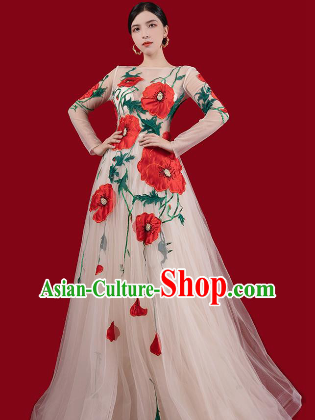 Top Grade Annual Meeting Clothing Catwalks Compere Embroidered Dress Stage Show Champagne Veil Full Dress