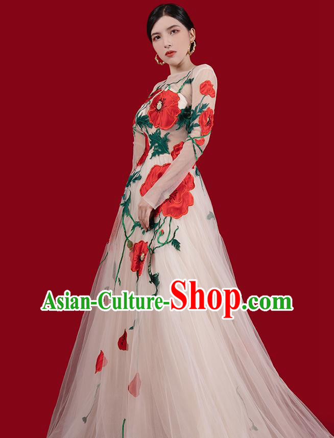 Top Grade Annual Meeting Clothing Catwalks Compere Embroidered Dress Stage Show Champagne Veil Full Dress