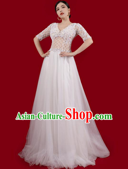 Top Grade White Wedding Dress Annual Meeting Clothing Catwalks Stage Show Embroidered Beads Full Dress