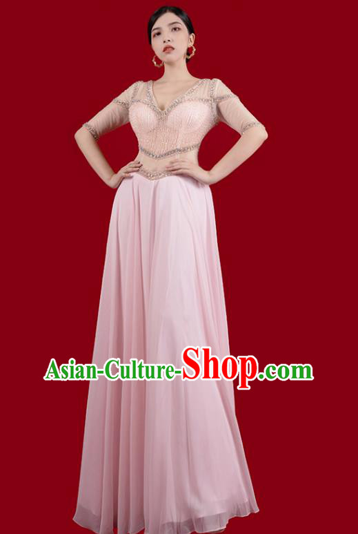 Top Grade Stage Show Pink Slim Dress Annual Meeting Clothing Catwalks Embroidered Beads Full Dress