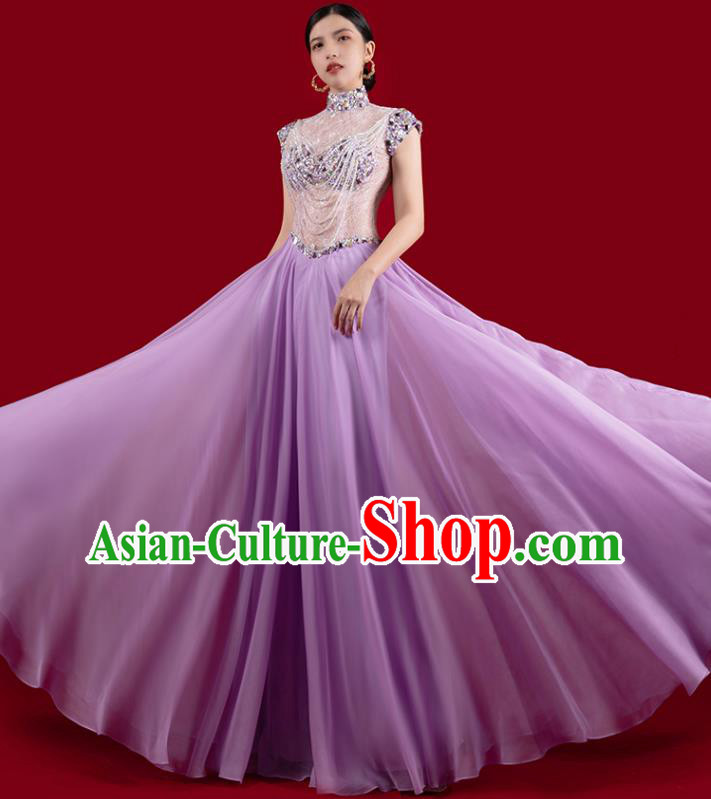 Top Grade Embroidered Beads Tassel Full Dress Annual Meeting Stage Show Violet Dress Catwalks Clothing