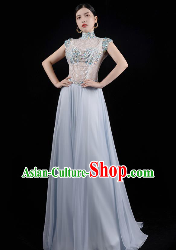 Top Grade Catwalks Clothing Embroidered Beads Tassel Full Dress Annual Meeting Stage Show Blue Dress