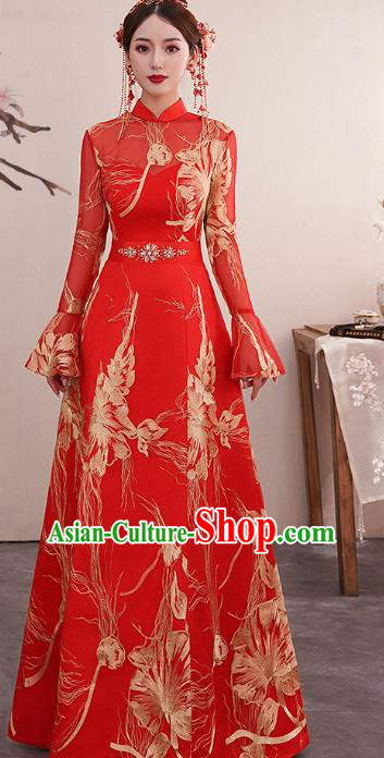 Chinese Traditional Wedding Bride Red Cheongsam Clothing Classical Embroidered Toast Dress