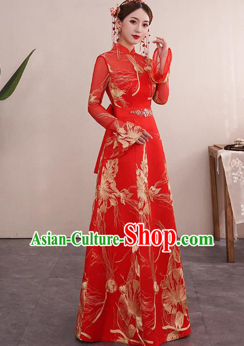 Chinese Traditional Wedding Bride Red Cheongsam Clothing Classical Embroidered Toast Dress