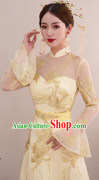 Chinese Classical Embroidered Toast Dress Traditional Wedding Bride Light Golden Cheongsam Clothing