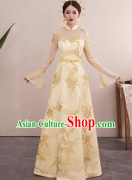 Chinese Classical Embroidered Toast Dress Traditional Wedding Bride Light Golden Cheongsam Clothing