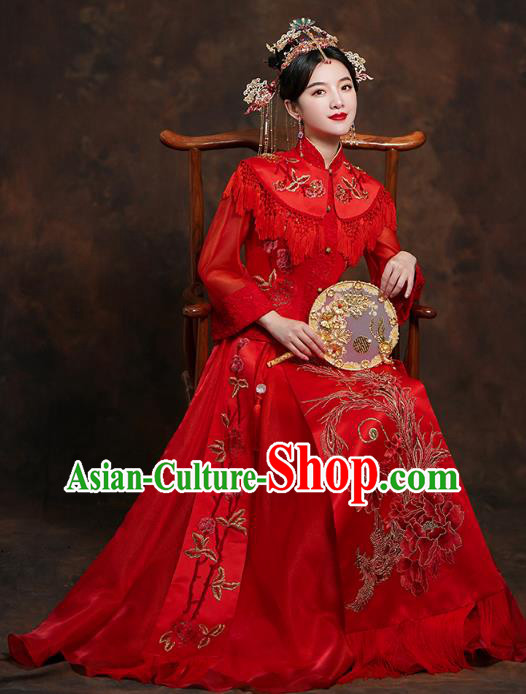 China Traditional Embroidered Wedding Costumes Classical Bride Red Blouse and Skirt