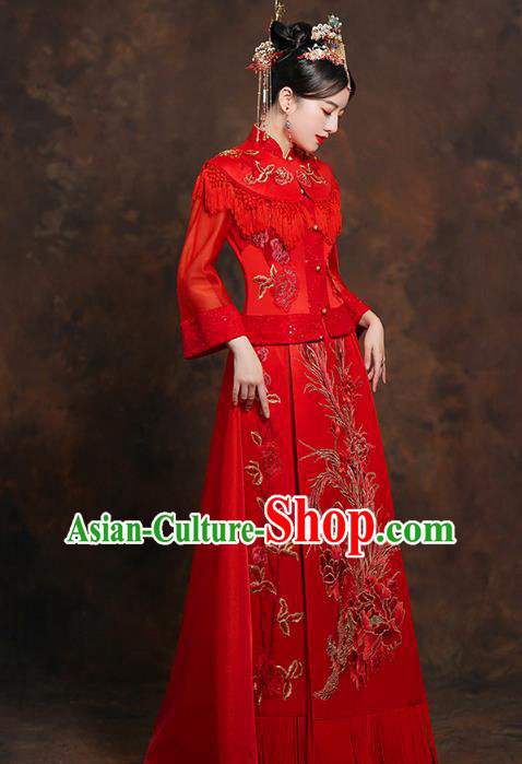 China Traditional Embroidered Wedding Costumes Classical Bride Red Blouse and Skirt