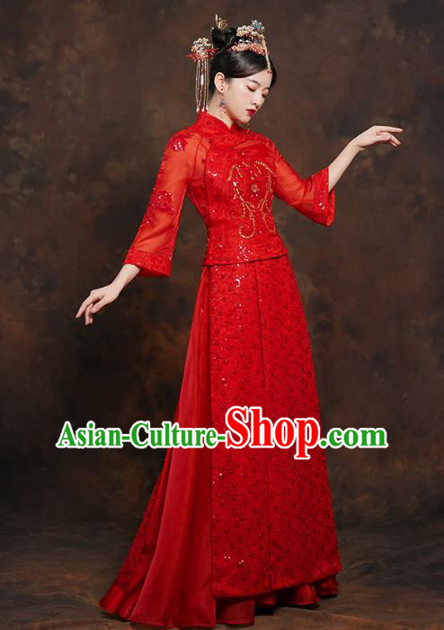 China Classical Bride Red Blouse and Dress Traditional Embroidered Wedding Costumes