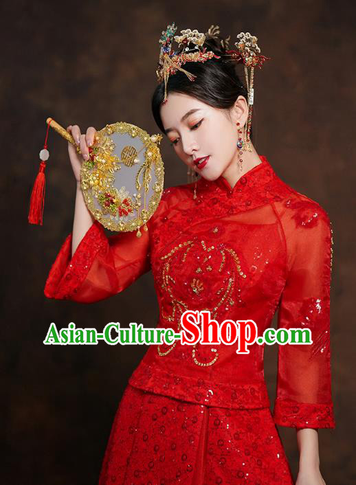 China Classical Bride Red Blouse and Dress Traditional Embroidered Wedding Costumes