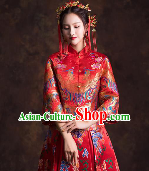 China Classical Xiuhe Suits Red Brocade Blouse and Dress Traditional Wedding Bride Costumes