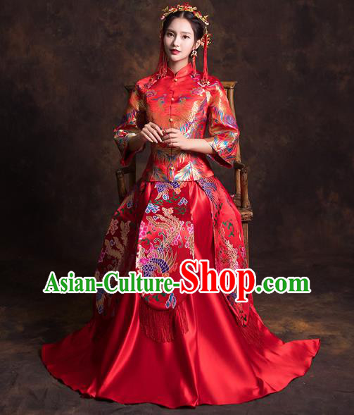 China Classical Xiuhe Suits Red Brocade Blouse and Dress Traditional Wedding Bride Costumes