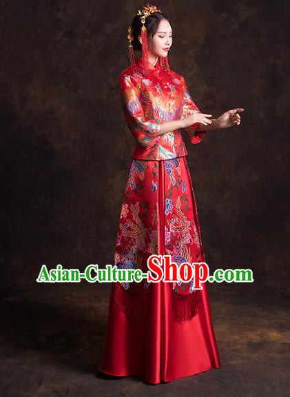 China Classical Xiuhe Suits Red Brocade Blouse and Dress Traditional Wedding Bride Costumes
