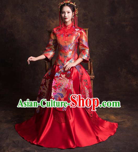 China Classical Xiuhe Suits Red Brocade Blouse and Dress Traditional Wedding Bride Costumes