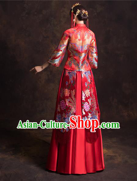 China Classical Xiuhe Suits Red Brocade Blouse and Dress Traditional Wedding Bride Costumes