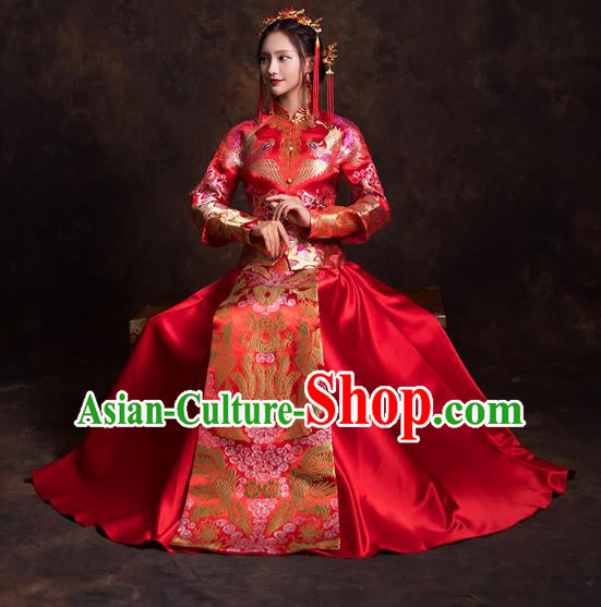 China Traditional Wedding Bride Costumes Classical Xiuhe Suits Red Brocade Mandarin Jacket and Dress