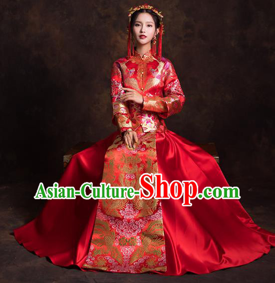 China Traditional Wedding Bride Costumes Classical Xiuhe Suits Red Brocade Mandarin Jacket and Dress
