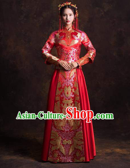 China Traditional Wedding Bride Costumes Classical Xiuhe Suits Red Brocade Mandarin Jacket and Dress