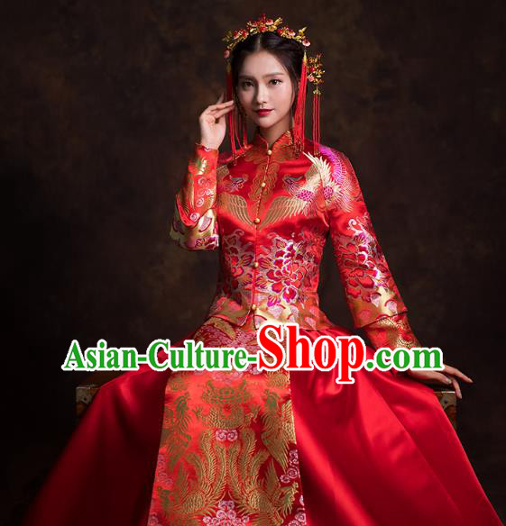 China Traditional Wedding Bride Costumes Classical Xiuhe Suits Red Brocade Mandarin Jacket and Dress
