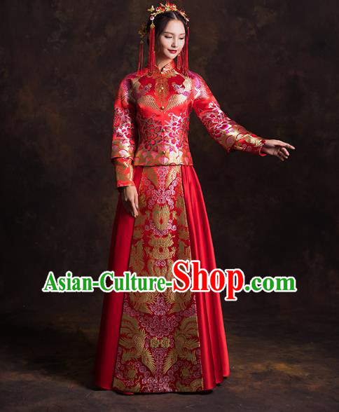 China Traditional Wedding Bride Costumes Classical Xiuhe Suits Red Brocade Mandarin Jacket and Dress