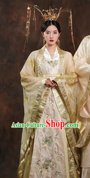 China Traditional Tang Dynasty Empress Wedding Costumes Ancient Queen Golden Hanfu Dress