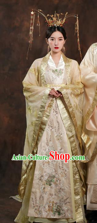 China Traditional Tang Dynasty Empress Wedding Costumes Ancient Queen Golden Hanfu Dress