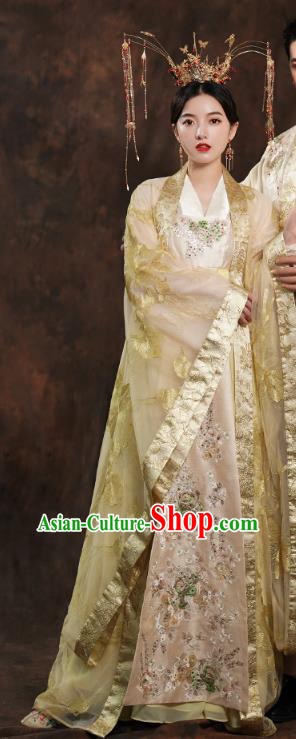 China Traditional Tang Dynasty Empress Wedding Costumes Ancient Queen Golden Hanfu Dress