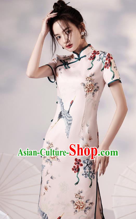 Chinese Traditional Young Lady Modern Apricot Cheongsam Clothing Classical Printing Cranes Peony Qipao Dress