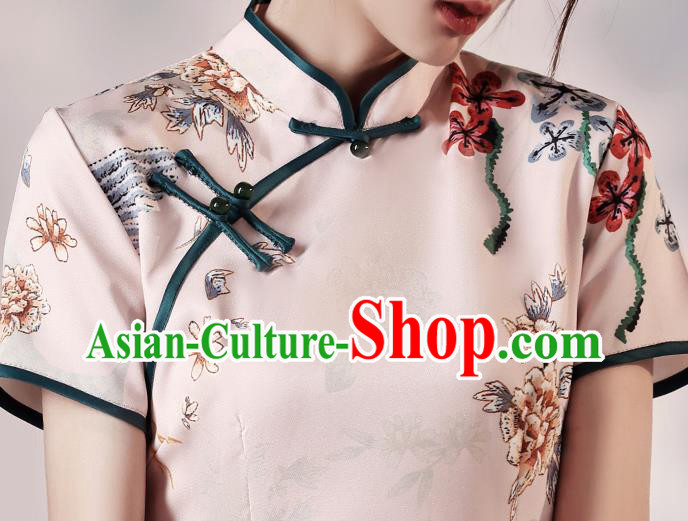 Chinese Traditional Young Lady Modern Apricot Cheongsam Clothing Classical Printing Cranes Peony Qipao Dress