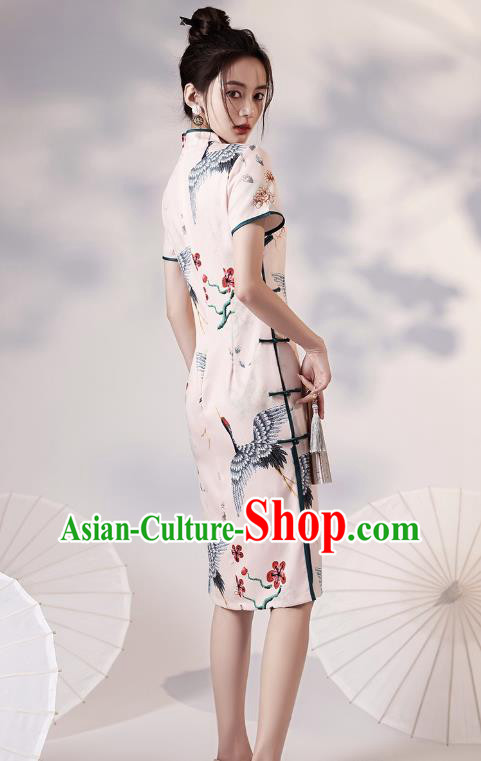 Chinese Traditional Young Lady Modern Apricot Cheongsam Clothing Classical Printing Cranes Peony Qipao Dress