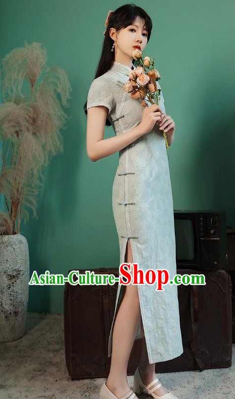 China Traditional Light Green Lace Qipao Dress National Young Lady Cheongsam